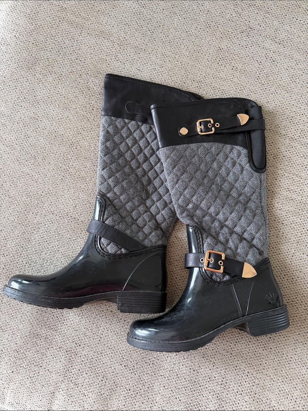 Posh Black and Grey Quilted Mid-Calf Rain Boots with Gold Buckle